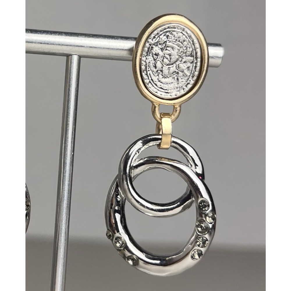 Mayan Aztec Coin Medallion Earrings Hoop Rhinestone Gold Silver Two Tone Tribal - Picture 7 of 9